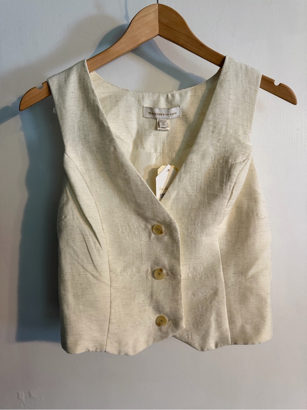 Monteau LA Linen Blend Cream Button Front Vest, NEW, Sz Medium